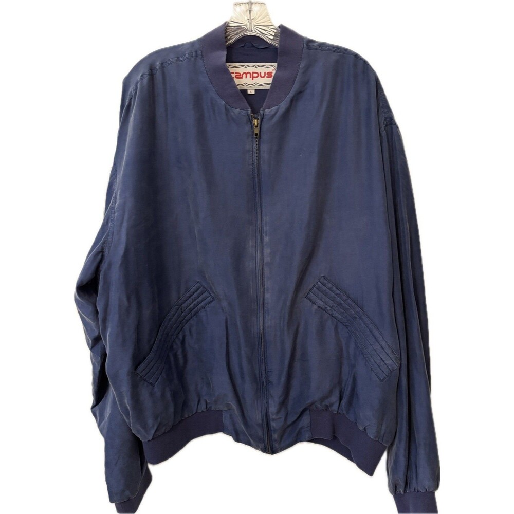Men’s Vintage Campus Blue Silk Bomber Jacket Size Large